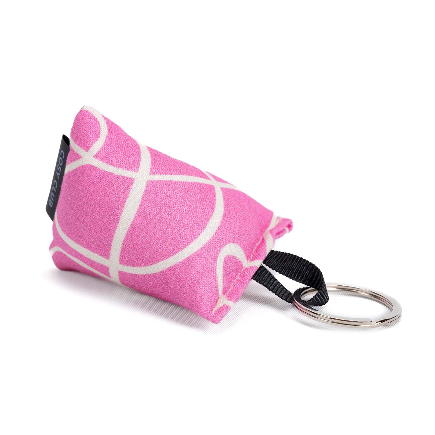 Porte clé en forme de berlingot, moelleux et soupe, couleur rose, motif graphique, marque Cosy Club