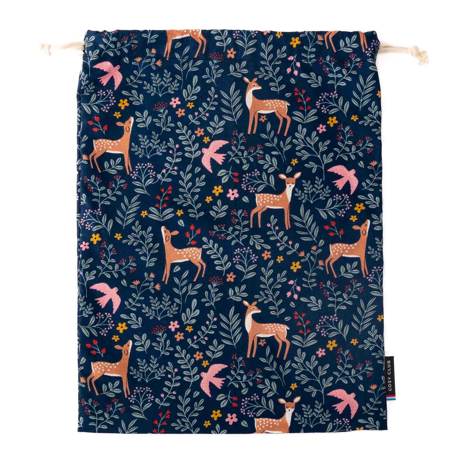 Grande pochette en tissu, fabriqué en Occitanie, motif végétal avec biches et oiseaux, présenté sur fond blanc.