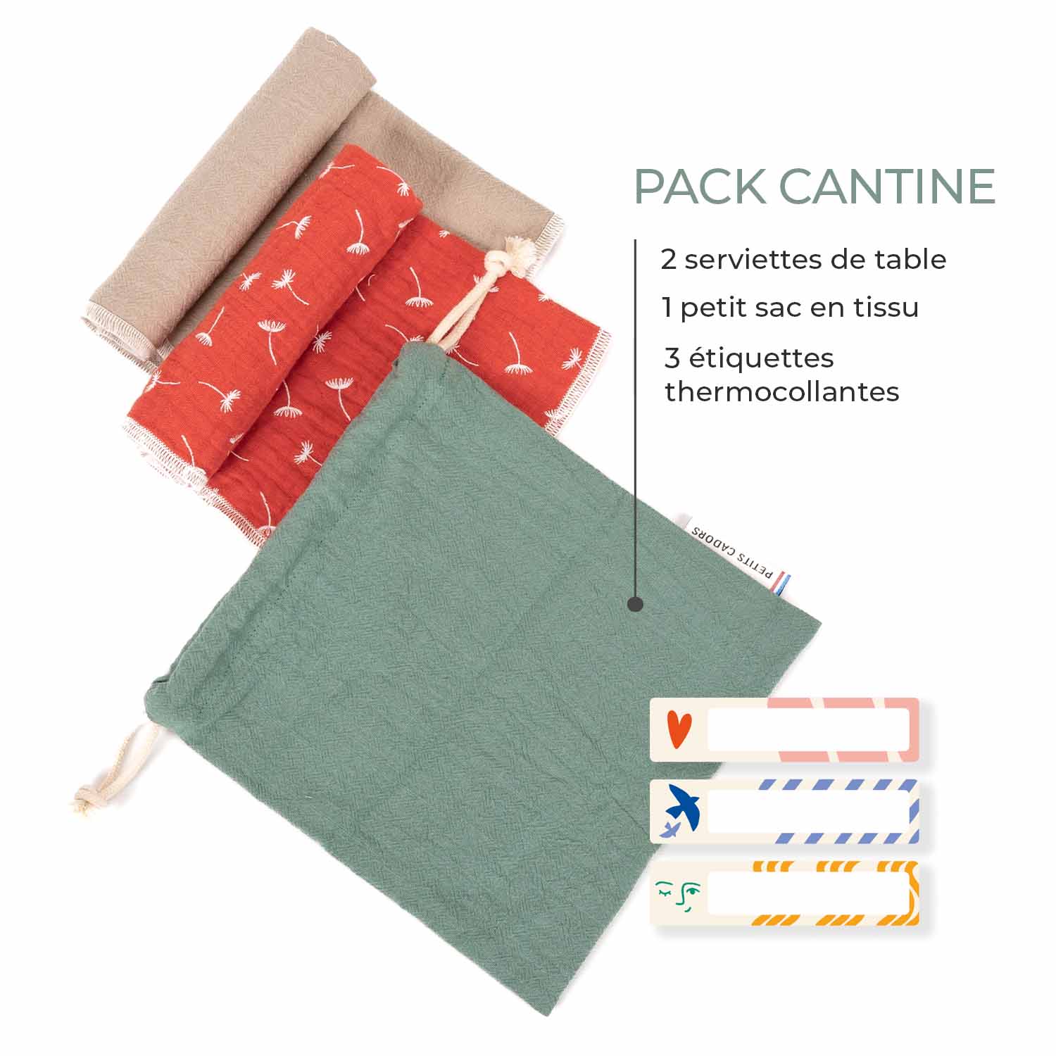 Pack cantine surprise · Sac+ serviettes en tissu + étiquettes